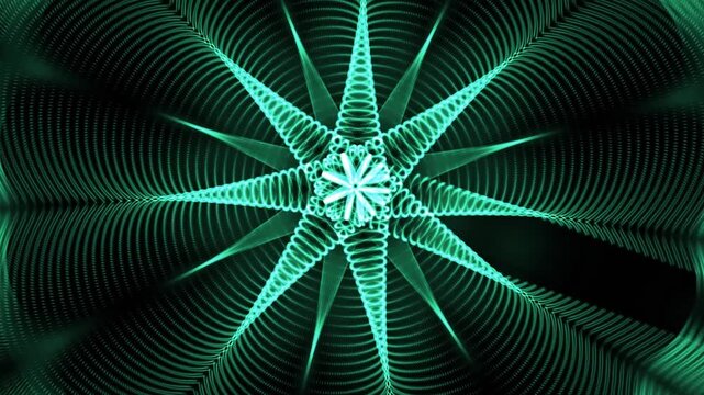 Abstract dynamic motion background loop featuring a glowing green particle star. Perfect for hypnotic visualizers, geometric spirograph concepts, EDM VJ loops, and futuristic technology.