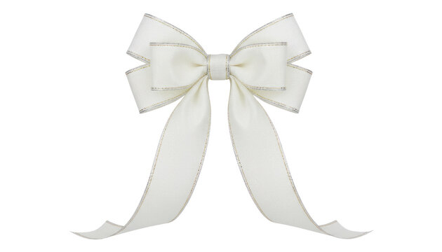 Elegant white ribbon bow, satin gift wrap decoration with long tails, isolated on white for wedding and holiday packaging