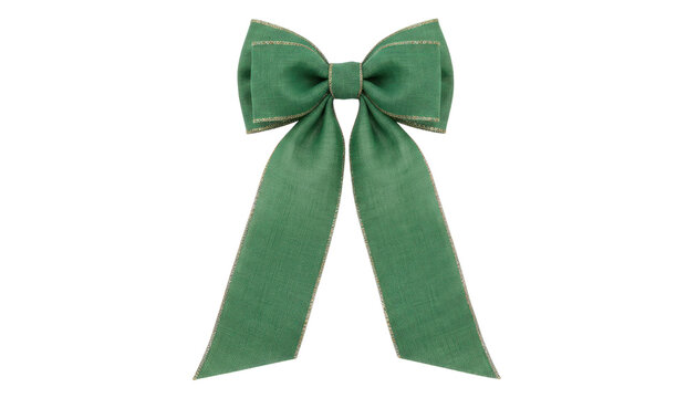 Green ribbon bow isolated on white, satin gift bowknot with long tails, festive decoration for packaging and holidays