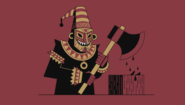 Tribal executioner character in a patterned gold mask holding a heavy battle axe near a bloody wood block.