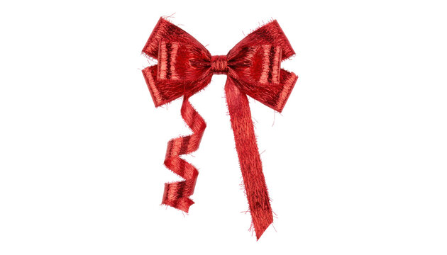 Red ribbon bow with curly tails, festive gift wrapping decoration on white background, isolated holiday present bow