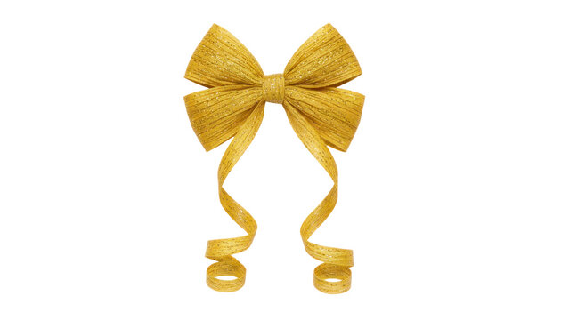 Golden ribbon bow with curled tails, festive gift wrap decoration isolated on white, holiday celebration packaging detail