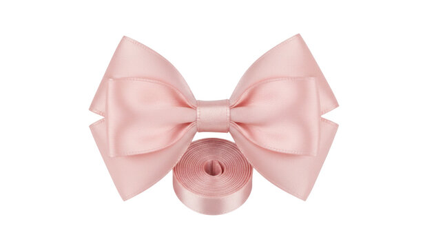 Pink satin gift bow on white background, ribbon knot closeup, cute pastel decoration for presents and holidays