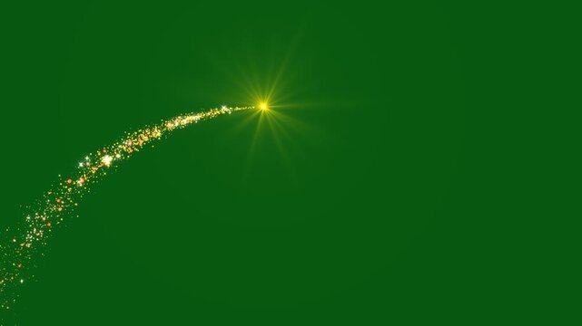 Golden glitter trail with sparkling shooting star, glowing light flare, magical fairy dust, luxury bokeh shimmer, glitter particle stream on green background HD 4K