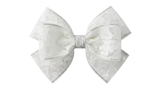Vintage white lace bow, delicate ribbon accessory on isolated white background, romantic decorative bow for wedding and crafts