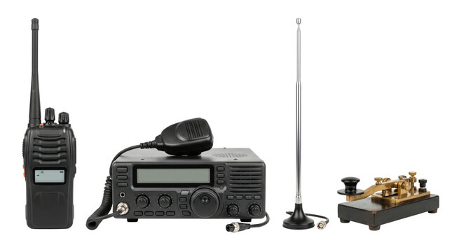 Radio set with four communication devices in a row isolated on transparent background.