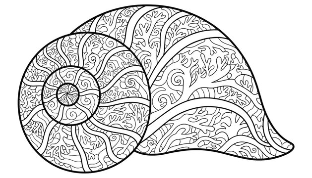 Intricate black and white mandala seashell coloring page designed for kids and adults looking to relax and practice mindfulness.