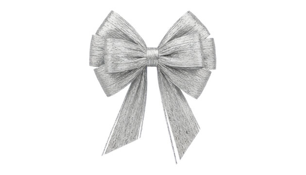 Silver glitter bow isolated on white, festive ribbon knot decoration, elegant gift wrap accessory for holiday packaging