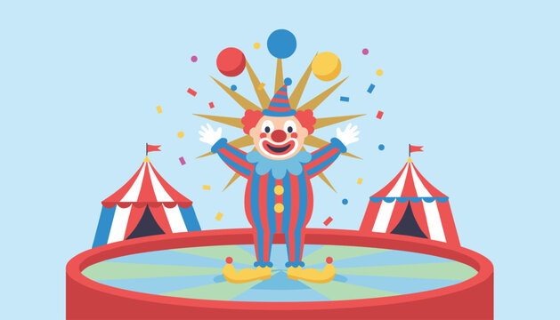 Joyful cartoon circus clown wearing a striped suit and performing a juggling act with colorful balls on a central stage.