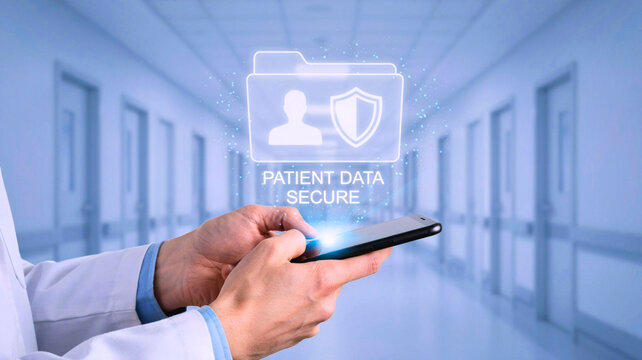 Doctor holding smartphone with secure patient data hologram in blurred hospital corridor