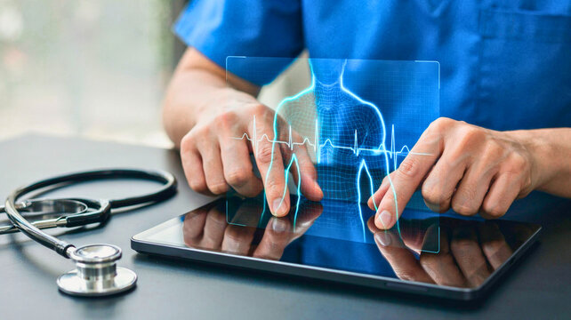 Doctor Using Digital Tablet for Advanced Medical Analysis and Patient Health Diagnosis with Holographic Anatomy