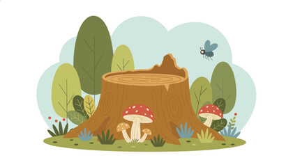 Fototapeta premium Forest scene featuring a wooden tree stump surrounded by red amanita mushrooms and green foliage on a clear day.