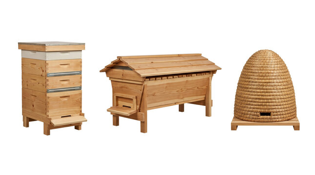 Apiculture set featuring langstroth top bar and skep beehives isolated on transparent background.