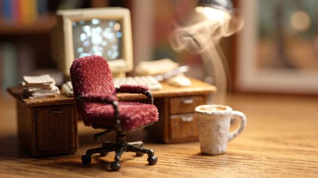 Miniature Desk Setup with Vintage Computer and Coffee Mug