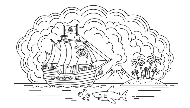 Black and white outline drawing of a pirate ship sailing near a volcanic island with a swimming shark for a coloring book.