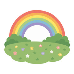 Obraz premium Hand-traced vector illustration of a colorful rainbow arching over a lush green meadow with bushes, tiny flowers, and grass, isolated on white background