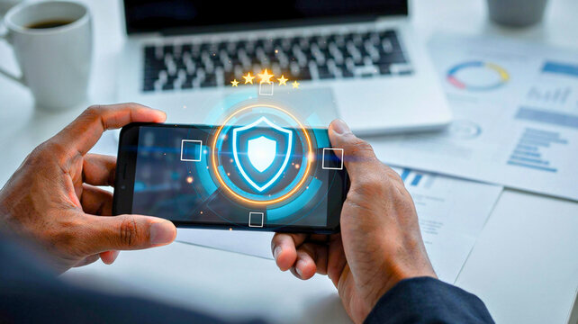 Hands holding a smartphone with a glowing digital shield icon representing cybersecurity, data protection, and network safety