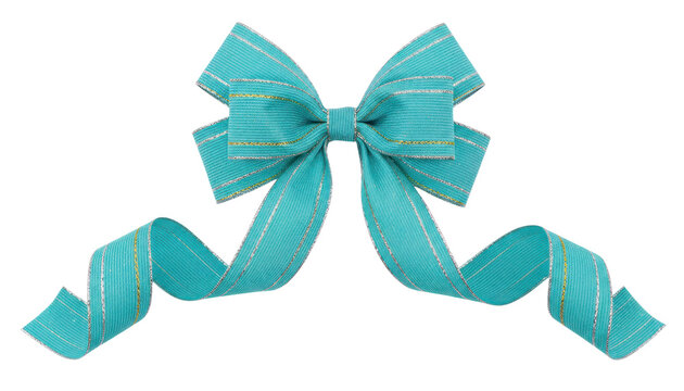 Turquoise gift bow with curled ribbon tails, teal satin present decoration, isolated festive packaging accessory on white