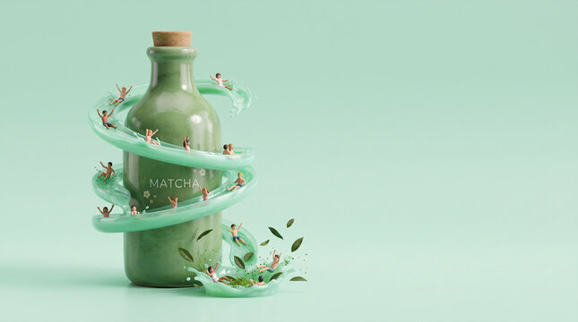 Miniature people enjoying a matcha drink served as a playful waterslide