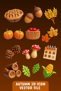 3D Cartoon Glossy Autumn Icons Set with Maple Leaf, Pumpkin, Acorn, Pine Cone and Harvest Elements