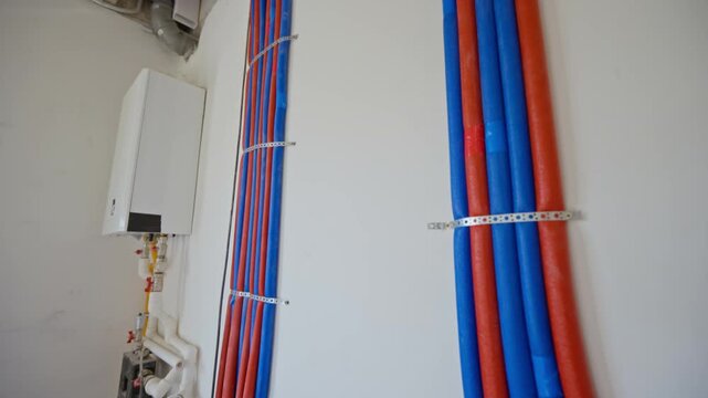 Red and blue insulated plumbing pipes running along wall with camera panning down to reveal heating manifold. Clip is perfect for promoting HVAC installation and home renovation services