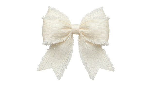 Vintage ivory fabric bow, textured ribbon knot with tails. Elegant gift wrap decoration isolated on white background