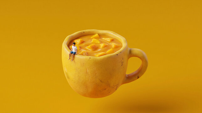 Miniature person sitting on edge of oversized mug filled with mango pieces
