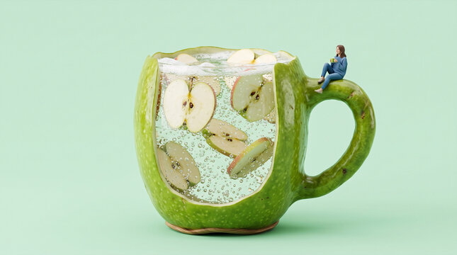 Giant green apple carved as mug filled with refreshing drink and apple slices