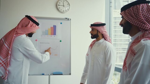 Arab businessmen wearing emirati kandura meeting in office for business deal - Corporate business group of middle-eastern people working in an international company in middle east