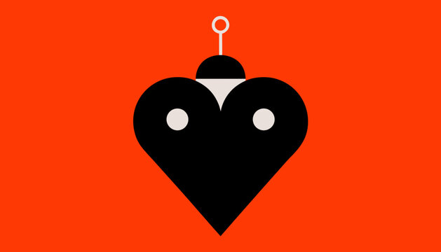 Minimalist black heart shaped robot character design featuring simple geometric shapes on bright orange background with against solid orange