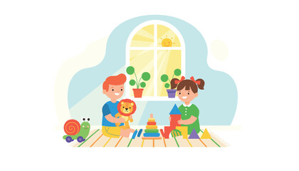 Fototapeta premium Happy young boy and girl sitting on a striped rug in their sunny room, playing creatively with building blocks and toys.