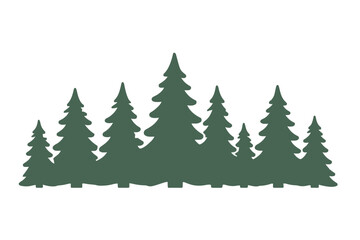 Fototapeta premium Silhouette vector illustration of a row of pine trees in dark green forest arrangement, hand-traced flat design nature icon for outdoor and wildlife themes