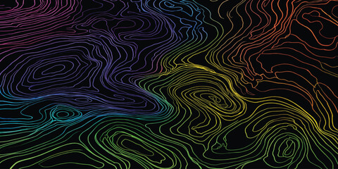 Abstract rainbow topographic map lines on dark background with topographic gradient abstract background visualization geography cartography geometric colorful spectrum technology elevation © MOHAMAD