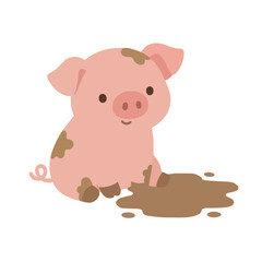 Fototapeta premium Adorable hand-traced vector illustration of a smiling pink piglet sitting beside a muddy brown puddle, flat cartoon style with charming mud splatters on its body, isolated on white background,