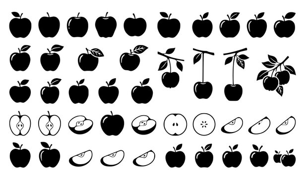 Collection of Black Apple Silhouettes Isolated on White Background Flat Vector Illustration Set