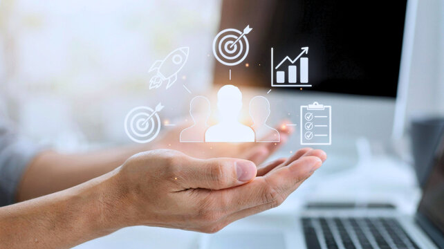 Business Professional Presenting Strategy Growth Targets and Performance Analytics Through Digital Interface Icons