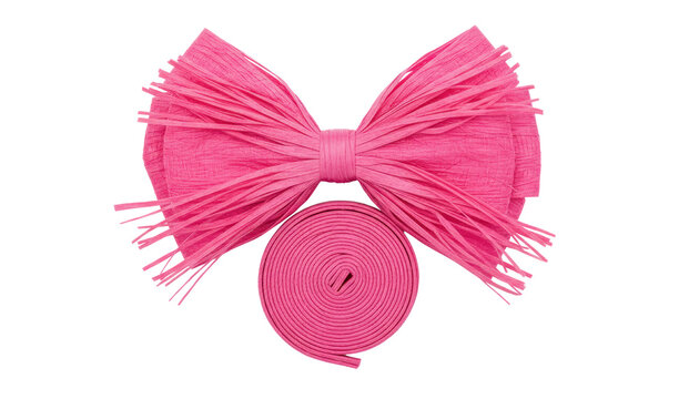 Pink raffia bow with ribbon roll, gift wrapping decoration illustration on white, festive packaging design element
