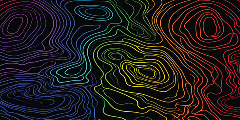 Luminous rainbow contour lines on black background with topographic abstract background spectrum elevation geometry colorful cartography gradient topography geography visualization © MOHAMAD