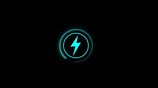 Neon glowing battery charging icon animation with neon circle. Neon power button icon color glowing colorful animation in black background, 4k vieo.