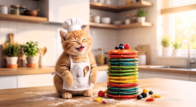 Kitten wearing chef hat and apron standing next to stack of pancakes in kitchen