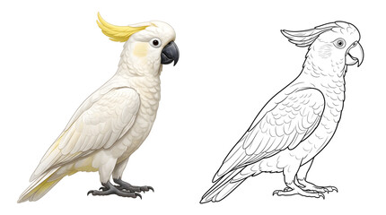 Fototapeta premium Cockatoo Comparison: A side-by-side depiction of a vibrant, fully colored cockatoo and its outline sketch, perfect for educational or artistic purposes.