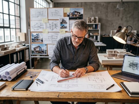  Experienced architectural designer drawing house construction blueprints at professional architecture workspace
