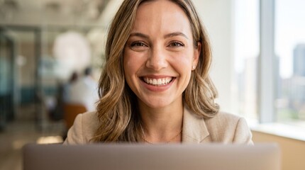 Fototapeta premium Smiling businesswoman working on a laptop in a modern office environment, close-up shot