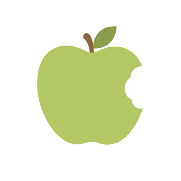 Hand-traced vector icon illustration of a fresh green apple with leaf, brown stem, and a small bite mark detail, flat design style, isolated on white background, perfect for food, nutrition, and