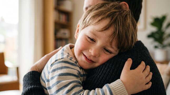 A young child feeling safe and loved while in a warm parental embrace