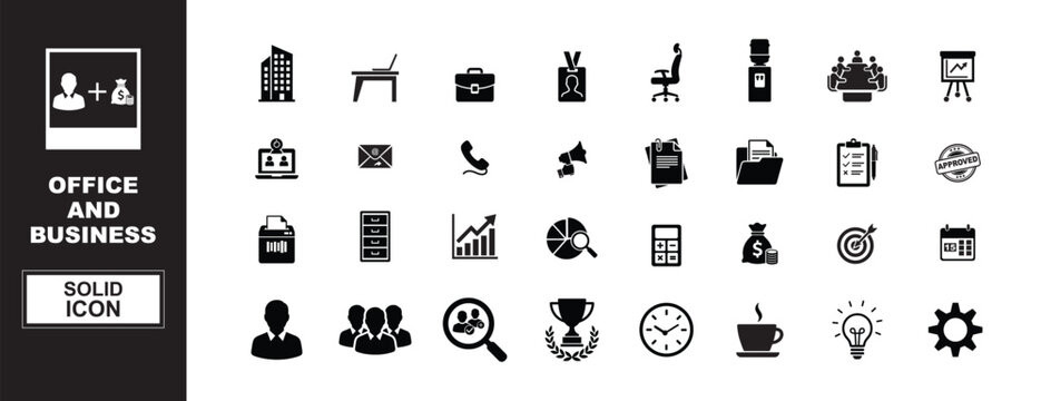 Office and Business Solid Glyph Icon Set, Modern Corporate Workspace Silhouette Vector Symbols