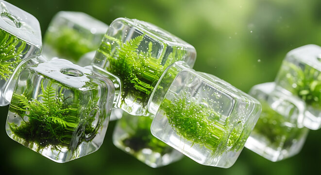 Green algae bubbles in water close-up