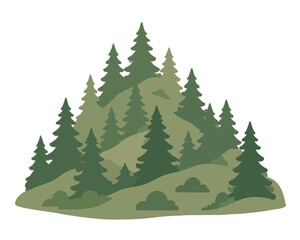 Obraz premium Stylized hand-drawn vector illustration of a lush pine forest scattered across rolling green hillsides with bushes, perfect for nature, outdoor, and eco-themed design projects