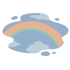 Obraz premium Flat vector illustration of a colorful pastel rainbow arching over a serene puddle with soft clouds and raindrops, depicting a magical reflection scene after gentle rainfall in dreamy sky landscape