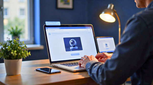 Man utilizing laptop with webcam privacy cover for enhanced digital security and remote data protection in home office